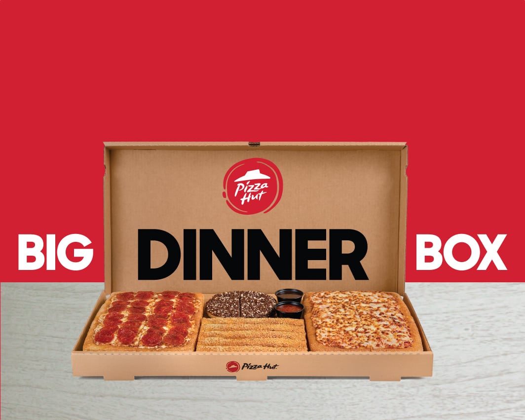 Pizza Hut Big Dinner Box with pizzas and sides