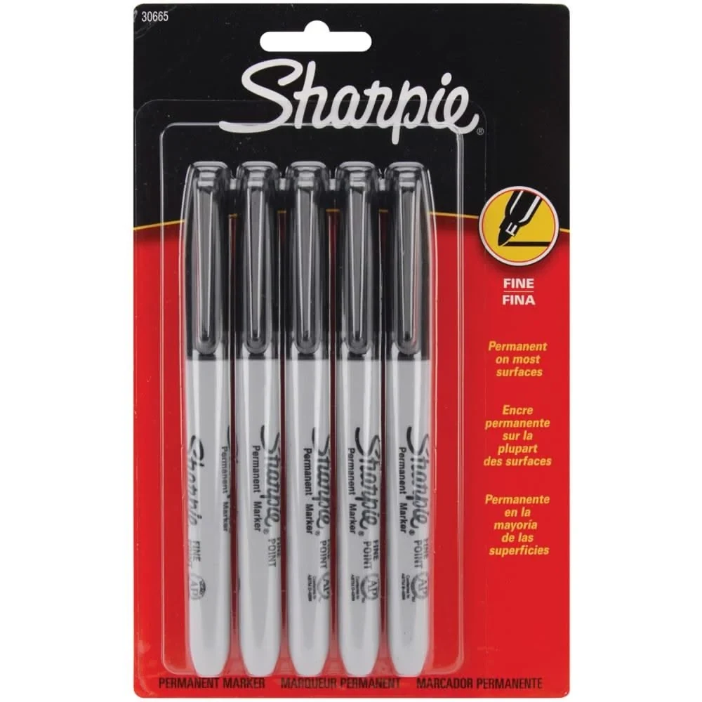 Five black Sharpie fine-point permanent markers